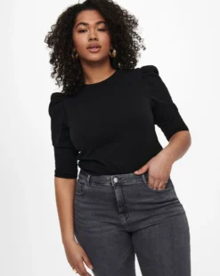 CARMAKOMA - MAGLIA NERA MANICA 3/4 CARTIME PUFF DA DONNA