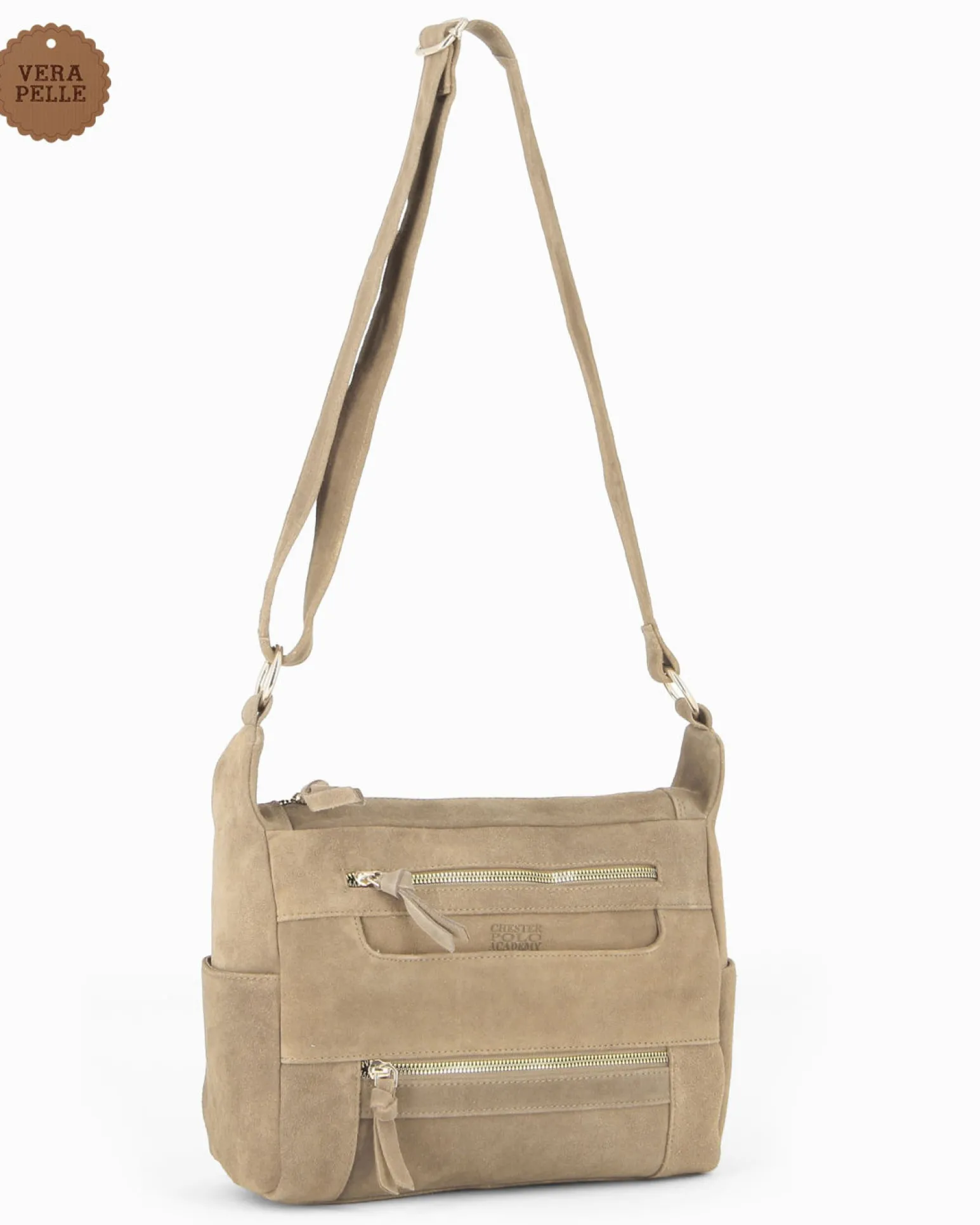 CHESTER POLO ACADEMY - Tracolla cappuccino scamosciata in VERA PELLE con tre tasche frontali