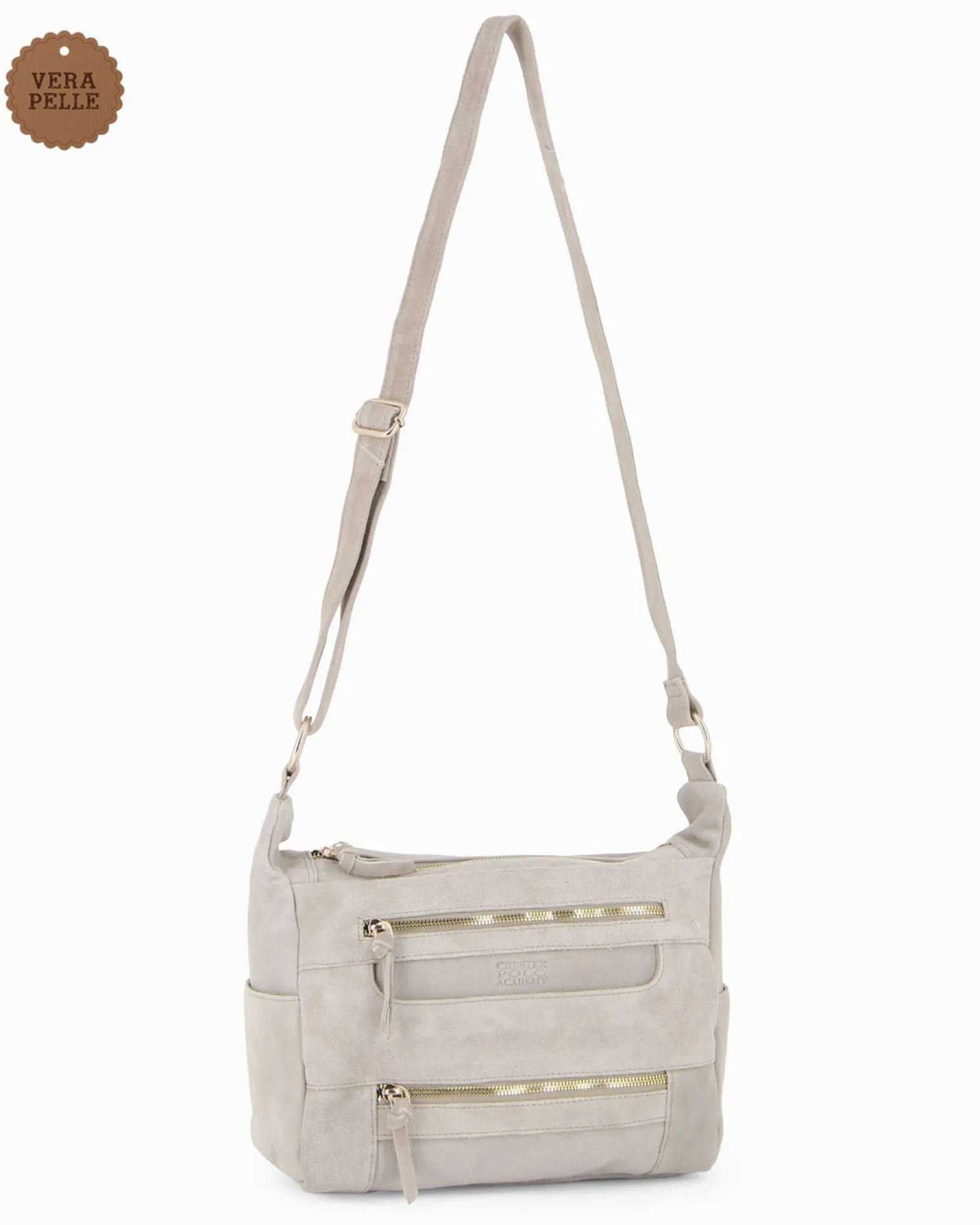 CHESTER POLO ACADEMY - Tracolla latte scamosciata in VERA PELLE con tre tasche frontali