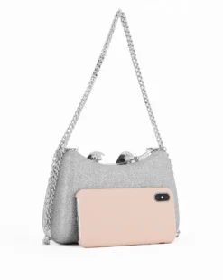 Clutch argento in glitter con manici catena e chiusura gioiello - DIVAS