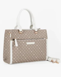CORTINA POLO STYLE - Borsa due manici taupe loggata con tasca frontale, tracolla removibile