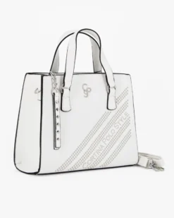CORTINA POLO STYLE - Borsa due manici bianca con borchie, tracolla removibile