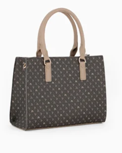 CORTINA POLO STYLE - Borsa due manici moro/taupe logata con tasca frontale, tracolla removibile