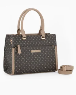 CORTINA POLO STYLE - Borsa due manici moro/taupe logata con tasca frontale, tracolla removibile