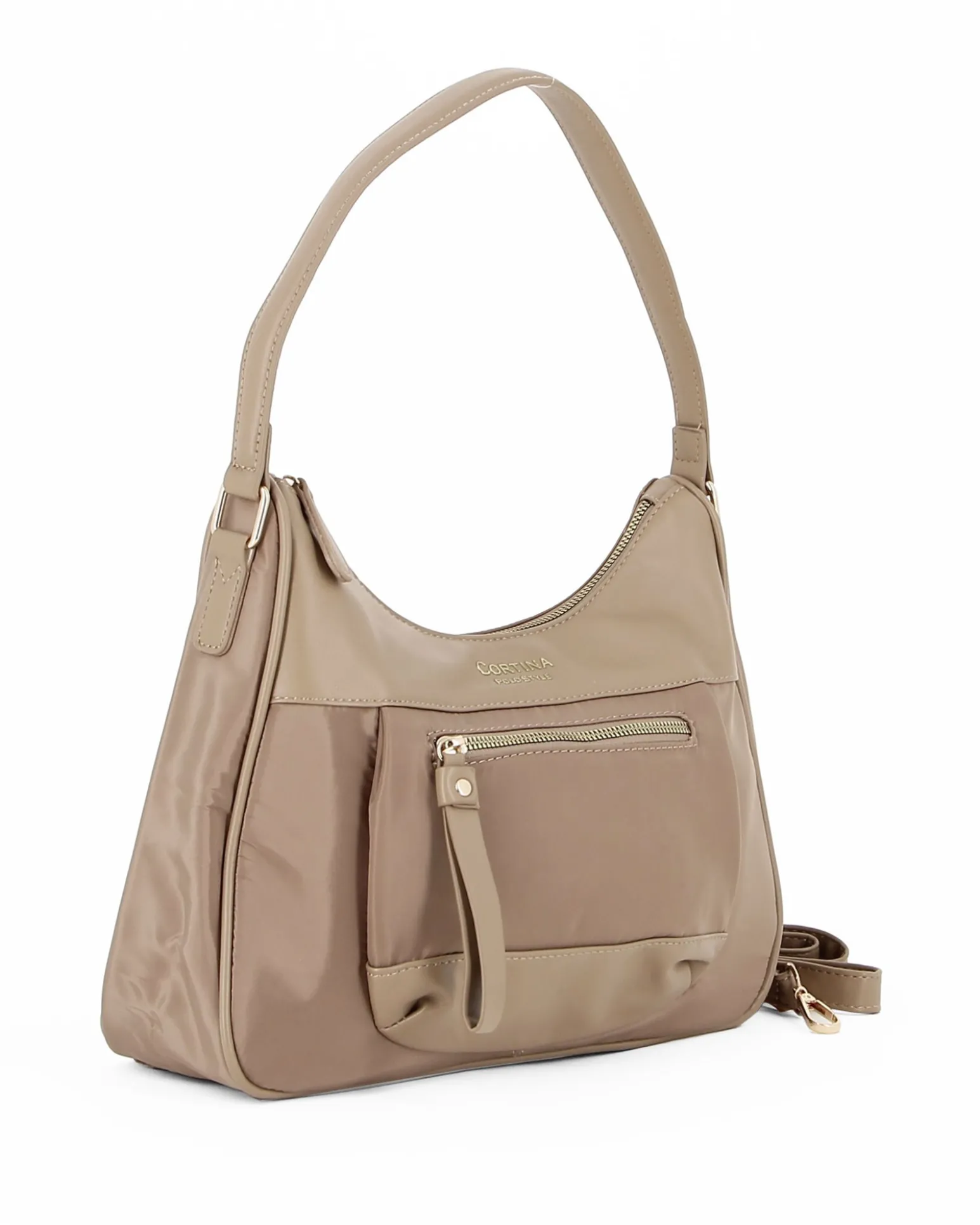 CORTINA POLO STYLE - Borsa mezzaluna un manico taupe con tasca frontale e tracolla removibile
