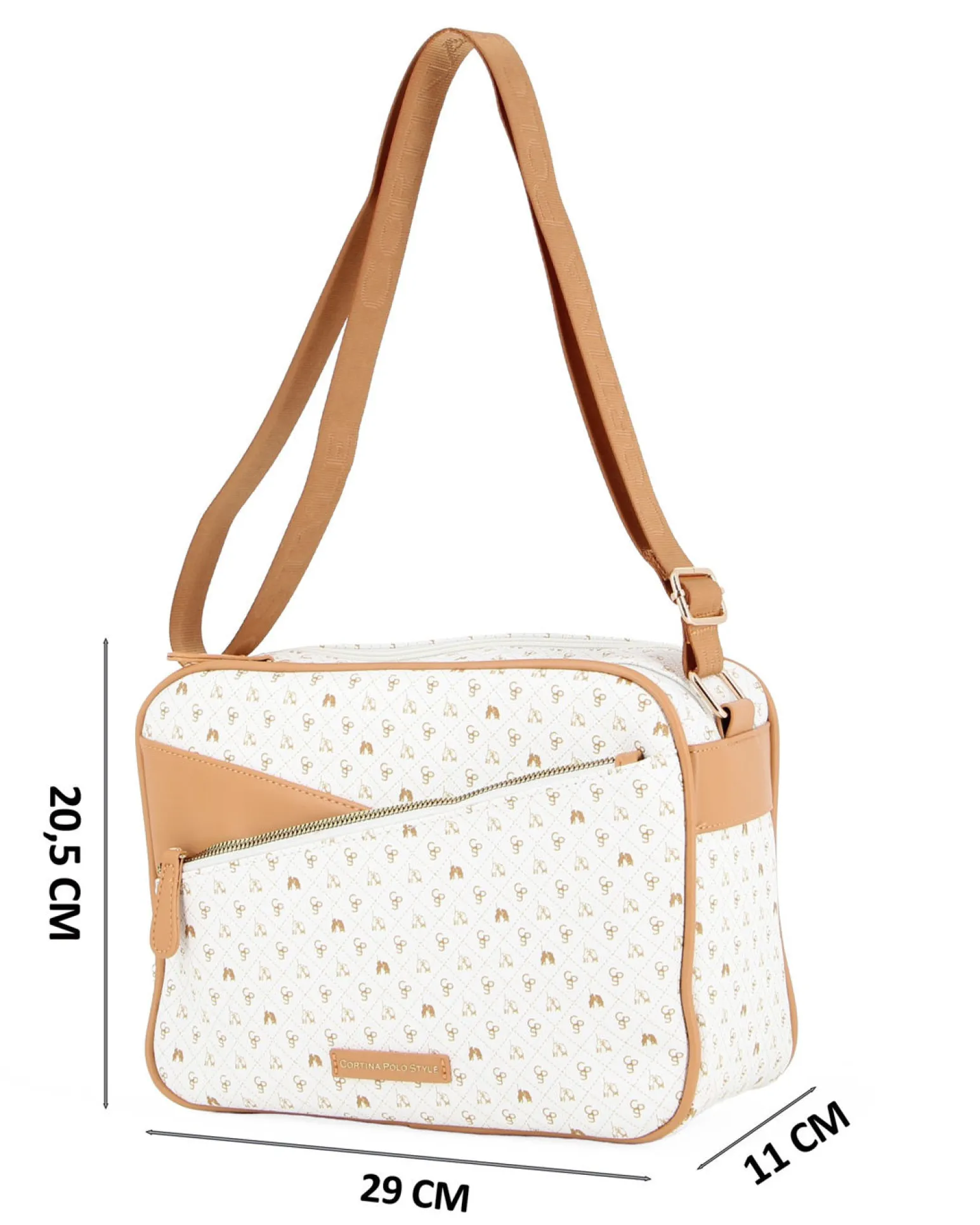 CORTINA POLO STYLE - Tracolla bianca/cuoio loggata con due scomparti principali e tasca frontale con zip diagonale