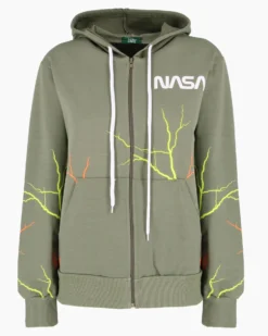 CUBA 10 - Felpa verde salvia con cappuccio e zip in cotone da donna