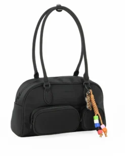 DAVID JONES - BORSA BOWLING NERA IN TESSUTO CON TASCHINI E CHARM REMOVIBILI