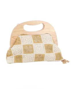 DIVAS - Borsa a mano ricamata beige e panna con manico in legno