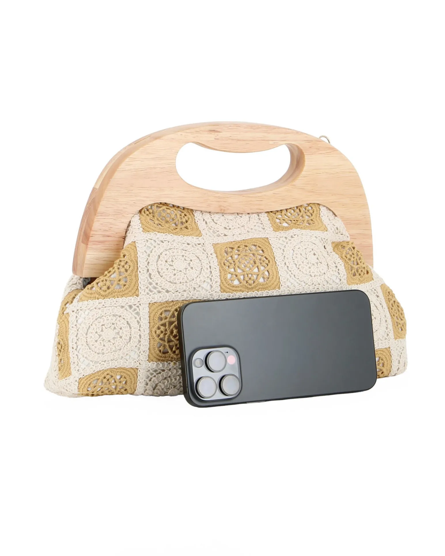 DIVAS - Borsa a mano ricamata beige e panna con manico in legno