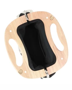 DIVAS - Borsa a mano ricamata nera e panna con manico in legno
