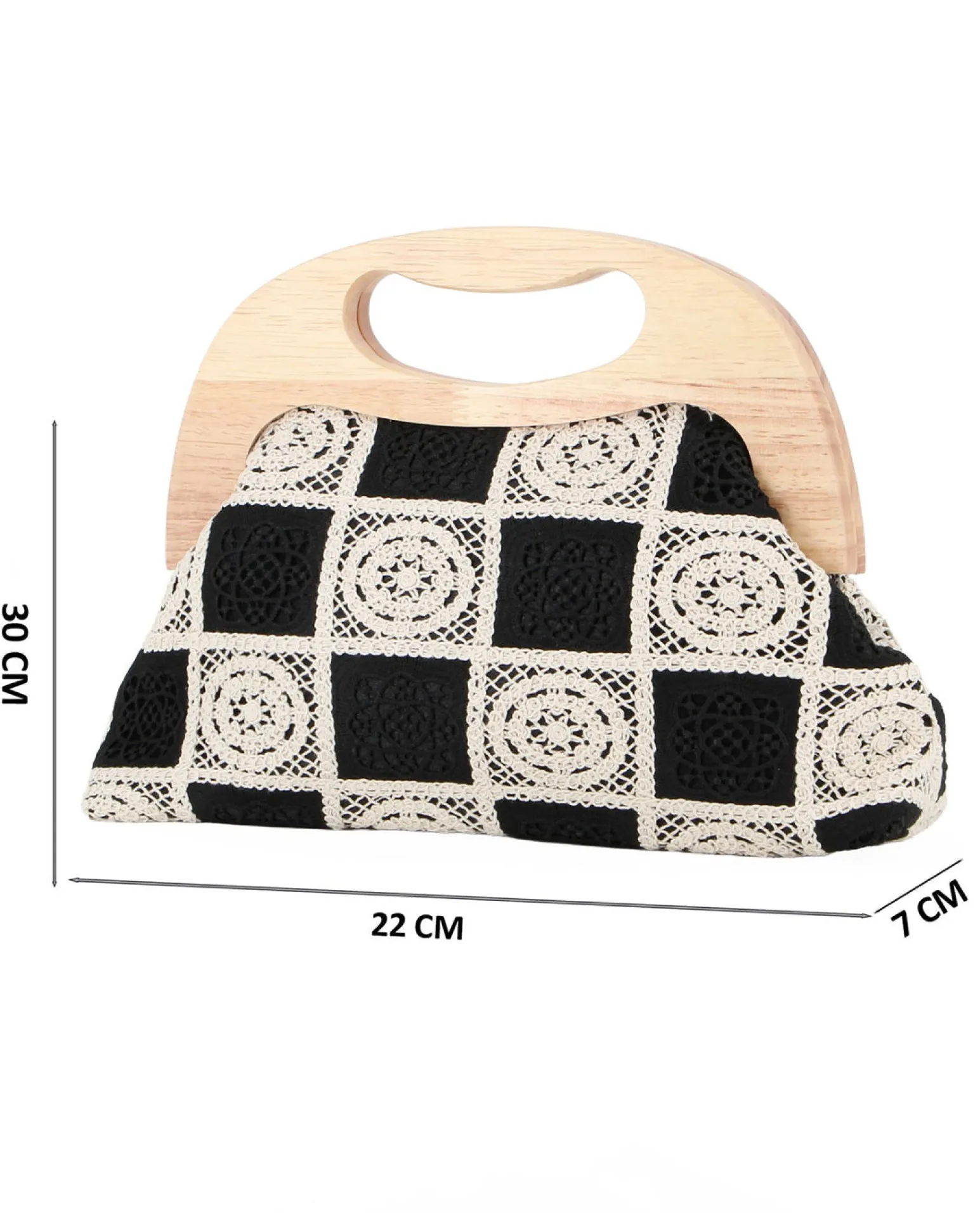 DIVAS - Borsa a mano ricamata nera e panna con manico in legno