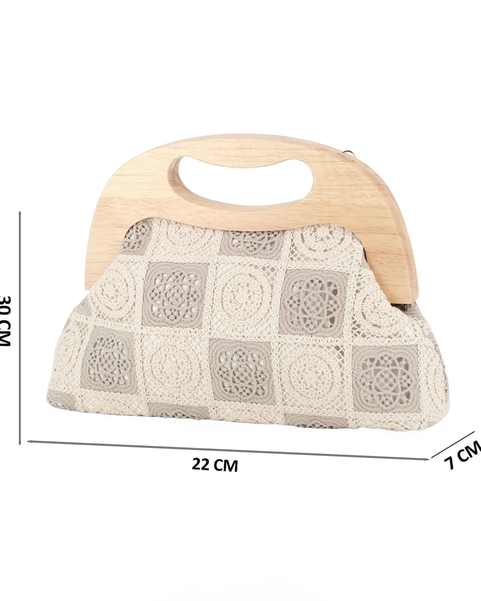 DIVAS - Borsa a mano ricamata taupe e panna con manico in legno