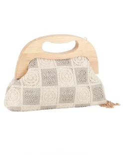 DIVAS - Borsa a mano ricamata taupe e panna con manico in legno