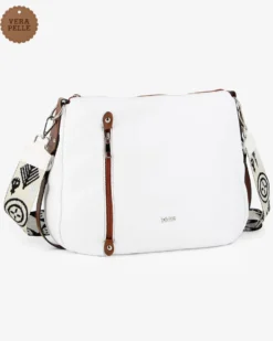 DIVAS - Borsa bianca in VERA PELLE con tasca frontale e tracolla nastro - MADE IN ITALY