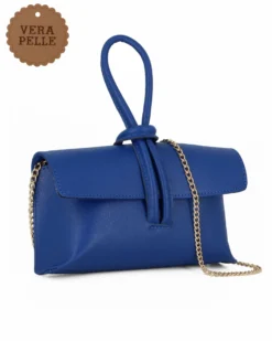DIVAS - Borsa bracciale blu elettrico con catena oro VERA PELLE, MADE IN ITALY