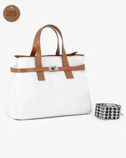 DIVAS - Borsa due manici bianca in VERA PELLE con tracolla nastro - MADE IN ITALY