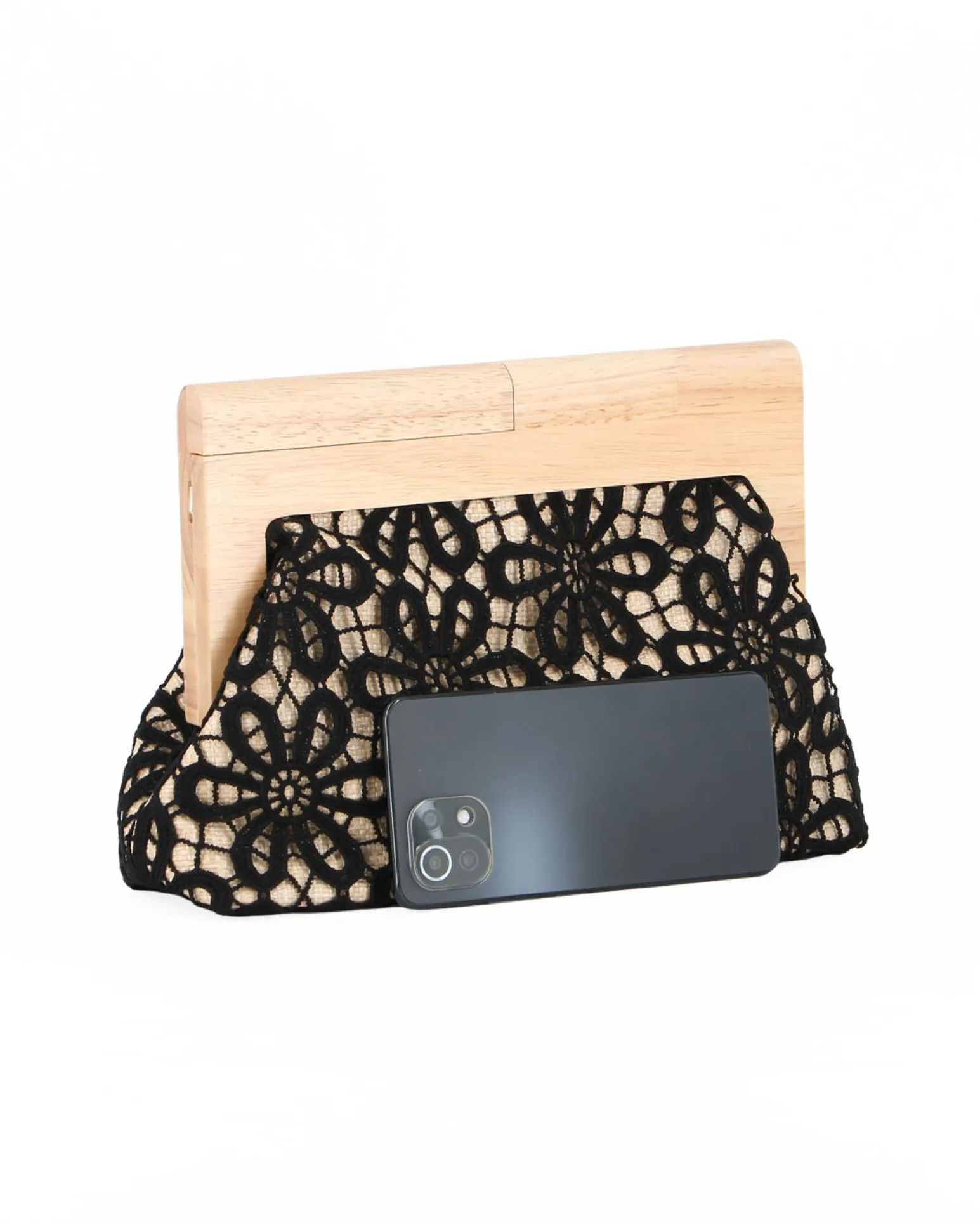 DIVAS - Borsa pochette nera ricamata con stecca in legno