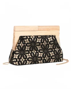 DIVAS - Borsa pochette nera ricamata con stecca in legno