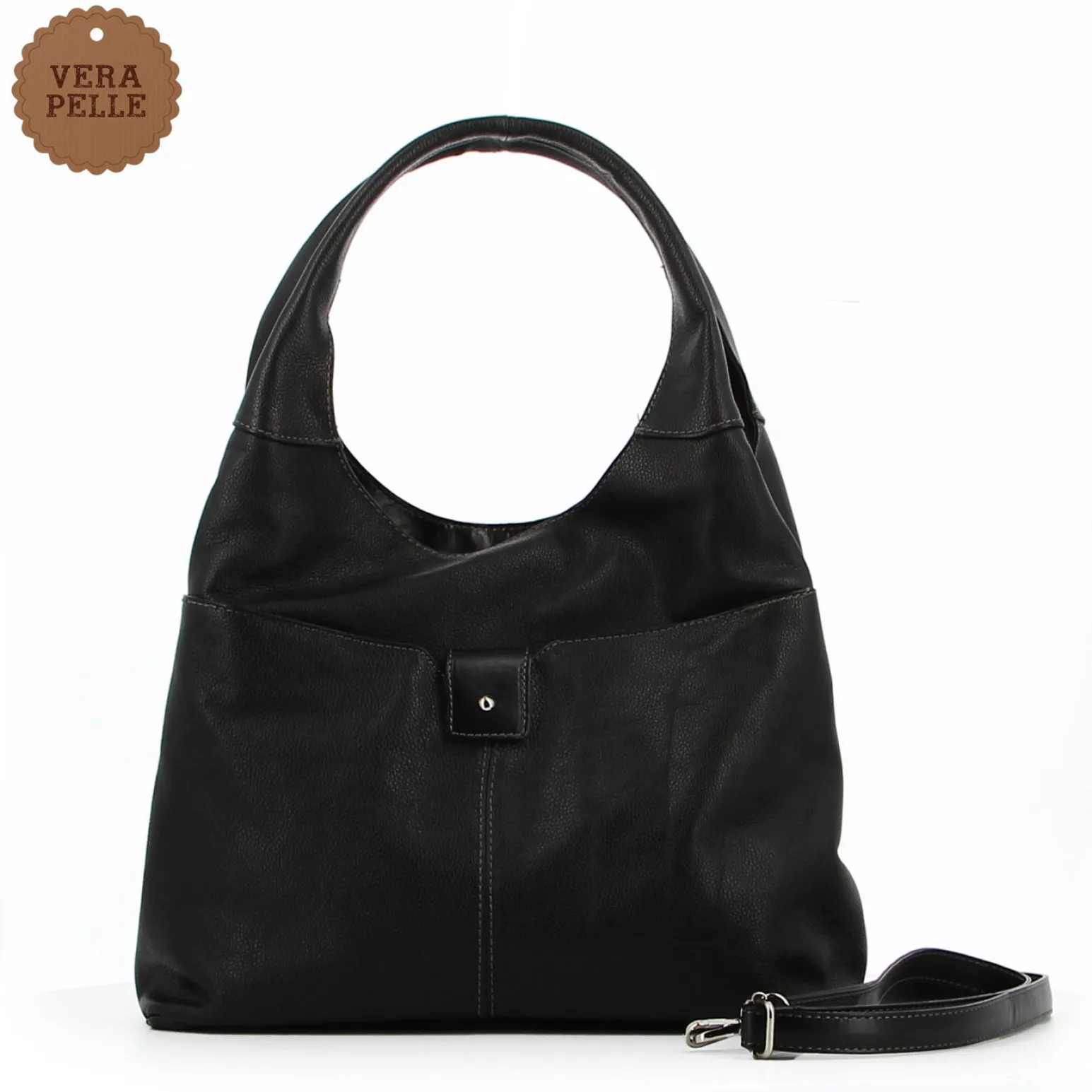 DIVAS - Borsa sacca nera in VERA PELLE con tasca frontale, tracolla removibile - MADE IN ITALY