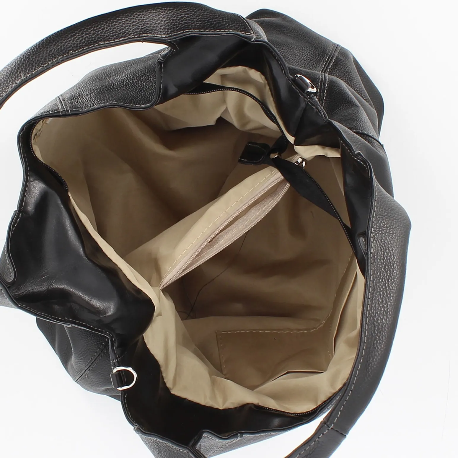 DIVAS - Borsa sacca nera in VERA PELLE con tasca frontale, tracolla removibile - MADE IN ITALY