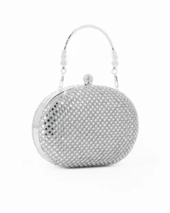 DIVAS - Clutch argento con strass  e pomello strass, tracolla e manico removibili
