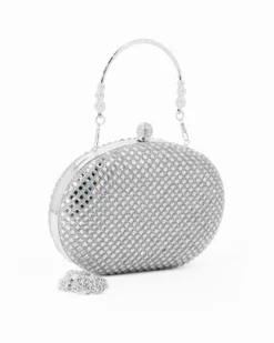 DIVAS - Clutch argento con strass  e pomello strass, tracolla e manico removibili