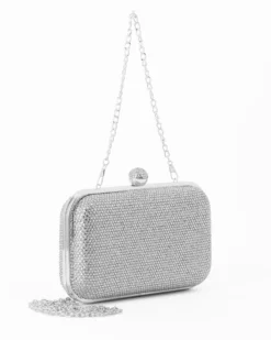 DIVAS - Clutch argento con strass, pomello  strass e tracolla removibile