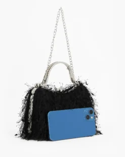 DIVAS - Clutch nera con piume e manici in strass, tracolla removibile