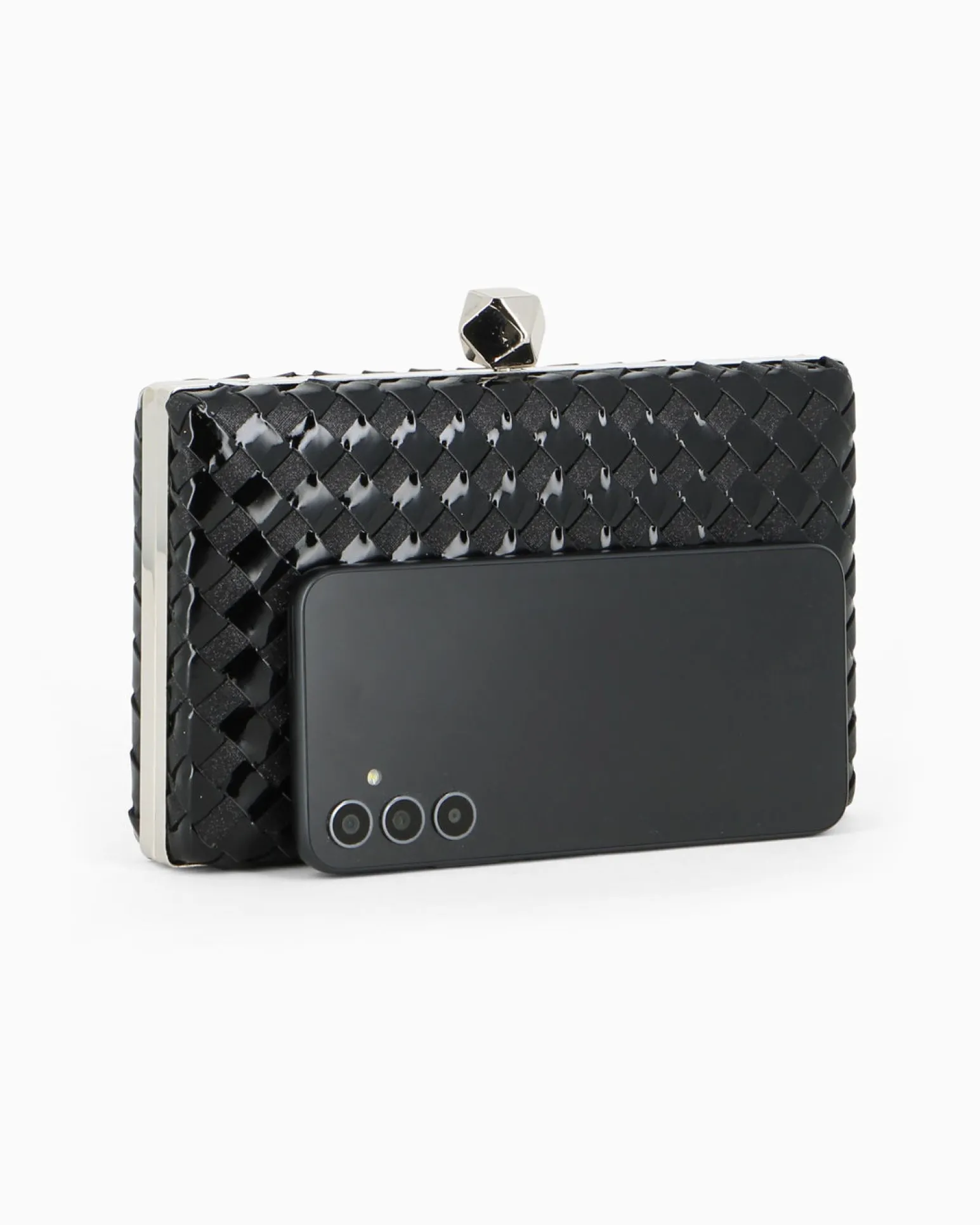 DIVAS - Clutch nera rigida intrecciata con pomello