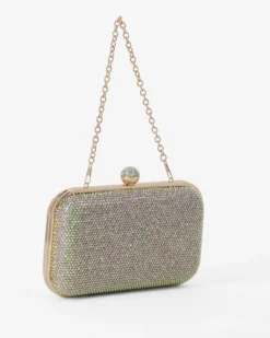 DIVAS - Clutch oro con strass multicolor, pomello  strass e tracolla removibile