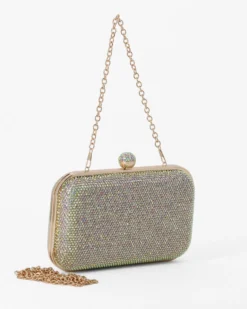DIVAS - Clutch oro con strass multicolor, pomello  strass e tracolla removibile