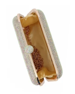 DIVAS - Clutch oro con strass multicolor, pomello  strass e tracolla removibile