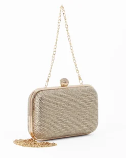 DIVAS - Clutch oro con strass, pomello  strass e tracolla removibile