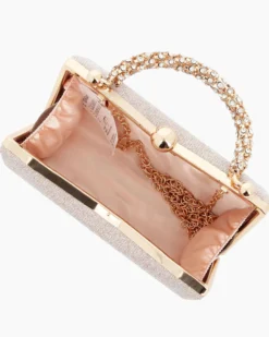 DIVAS - Clutch oro rosa in lurex con manico gioiello