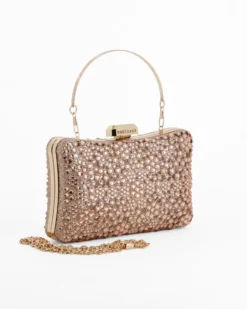DIVAS - Clutch trasparente con strass champagne, tracolla e manico removibili