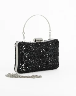 DIVAS - Clutch trasparente con strass neri, tracolla e manico removibili