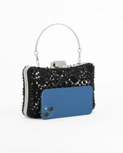 DIVAS - Clutch trasparente con strass neri, tracolla e manico removibili