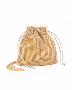 DIVAS - Minibag a sacchetto oro rivestita di strass con coulisse