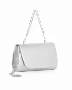 DIVAS - Pochette argento effetto pitonato con patta e manico gioiello, tracolla removibile