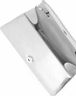 DIVAS - Pochette argento effetto pitonato con patta e manico gioiello, tracolla removibile