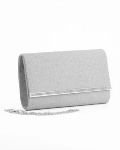 DIVAS - Pochette argento glitterata con filo di strass sulla patta, tracolla removibile