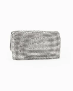 DIVAS - Pochette argento tutta strass con patta, tracolla removibile