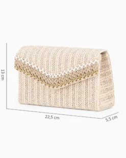 DIVAS - Pochette beige in paglia con patta, manico e catenina removibili