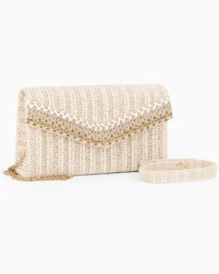 DIVAS - Pochette beige in paglia con patta, manico e catenina removibili