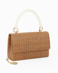 DIVAS - Pochette in paglia color bronzo con patta e manico con perle
