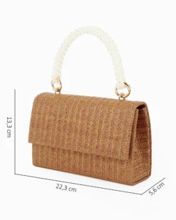 DIVAS - Pochette in paglia color bronzo con patta e manico con perle
