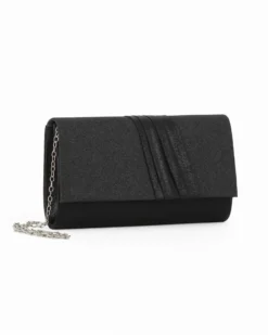 DIVAS - Pochette nera con patta in raso con fascia frontale pieghettata