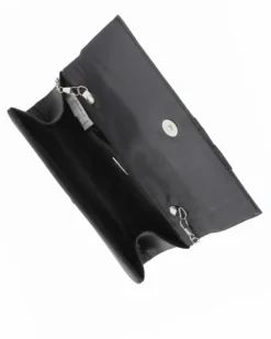 DIVAS - Pochette nera con patta in raso con fascia frontale pieghettata