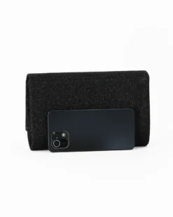 DIVAS - Pochette nera in lurex con filo di strass sulla patta, tracolla removibile